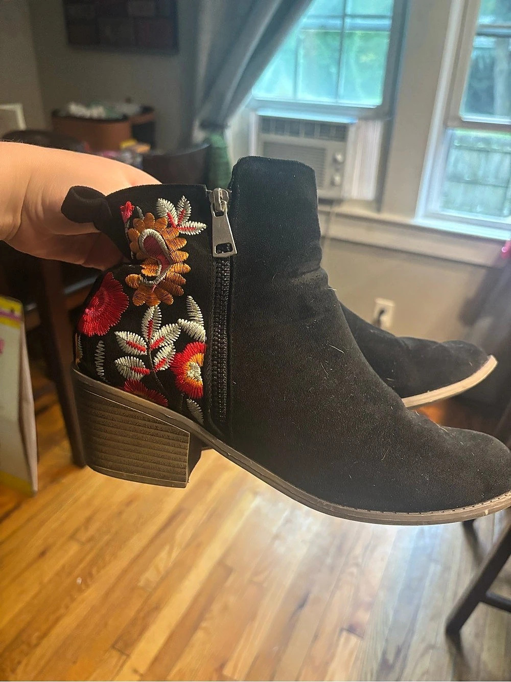Floral Embroidered Black Ankle Boots